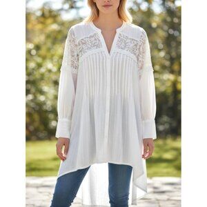 Anthropologie Feather Bone Lucille Pintucked Lace High Low Tunic Top M White
